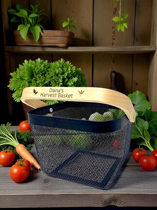 Personalized Mesh Harvest Basket with Custom Engraved Handle, Gift For Gardeners, Vegitable Harvesting Basket, Gardening Tools 9x7x7in