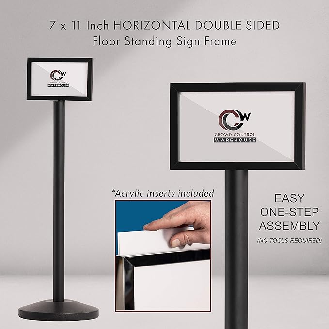Crowd Control Warehouse Pedestal Standing Floor Sign Frame with Sloped Base, 7x11 Inch Horizontal, Polished Brass