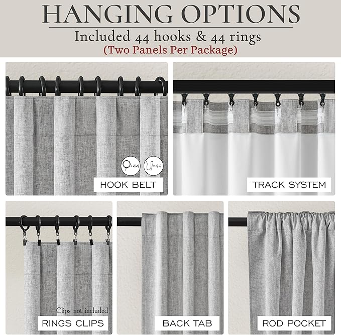 Extra Wide 60 Inch Blackout Curtains 96 Inches Long for Living Room, Rustic Boho Room Darkening Textured Linen Pleated Office Insulated Ceiling Track Large Window Drapes (60"W x 96"L 2 Panels Grey)