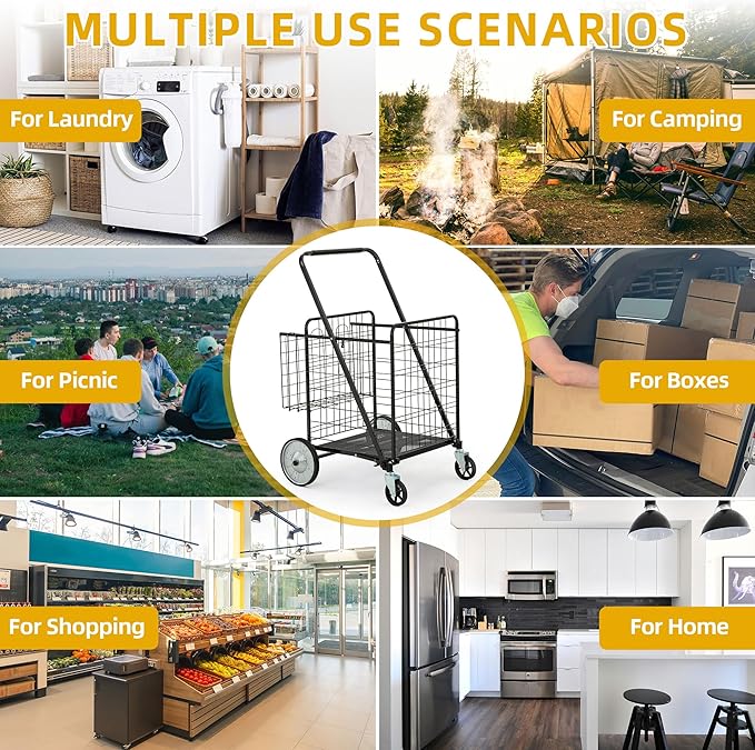 DWVO Super Jumbo Folding Shopping Cart Heavy Duty, Rolling Foldable Grocery Cart with Wheels, Portable Collapsible Utility Cart with Double Basket for Shopping Groceries Laundry Storage