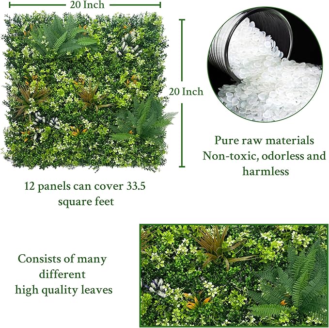 Artificial Grass Boxwood Hedges Wall Panels: 20"x20" 12P UV-Anti Faux Greenery Fake Ivy Leaves Privacy Fence Screen Backdrop for Garden Covering Privacy, Outdoor Indoor Decor