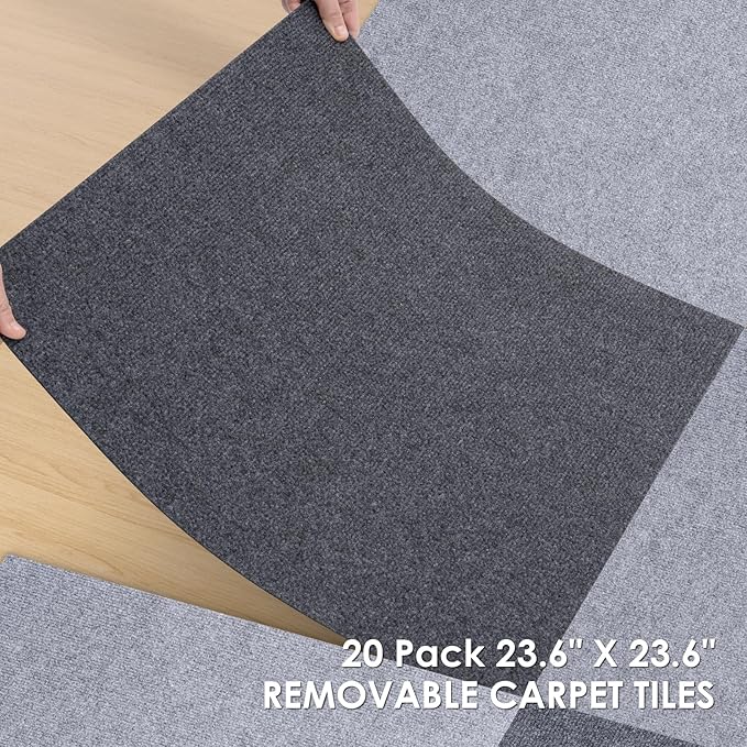Carpet Tile 20 Pack 24” X 24” Self Adhesive Carpet Floor Tiles Anti-Slip Squares Peel and Stick Floor Tilel DIY Installation for Bedroom(Dark Grey)