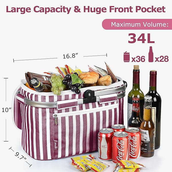 Tirrinia Large Insulated Picnic Basket, 34L Water Resistant & Leakproof Collapsible Portable Cooler Basket Set with Aluminium Handle for Travel, with a Free Foldable Grocery Bag, Wine Stripe