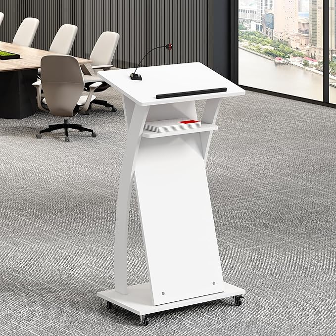 Mobile Wooden Podium Stand with Wheels Lectern White 16MM Wood Board Elegant Design Wooden Churche Pulpit