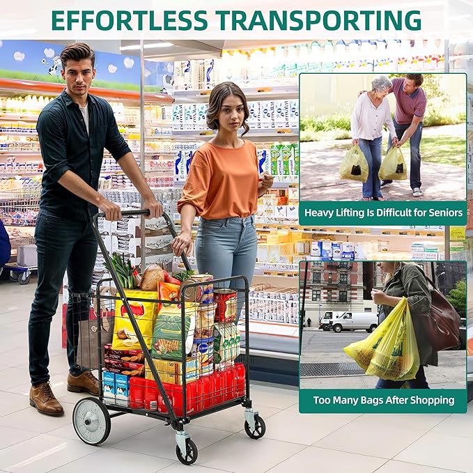 YITAHOME Heavy-Duty Jumbo Folding Shopping Cart with Wheels, Super Large Double Basket Grocery Cart, Collapsible Utility Cart for Shopping, Groceries, Laundry & Storage (Portable & Sturdy)