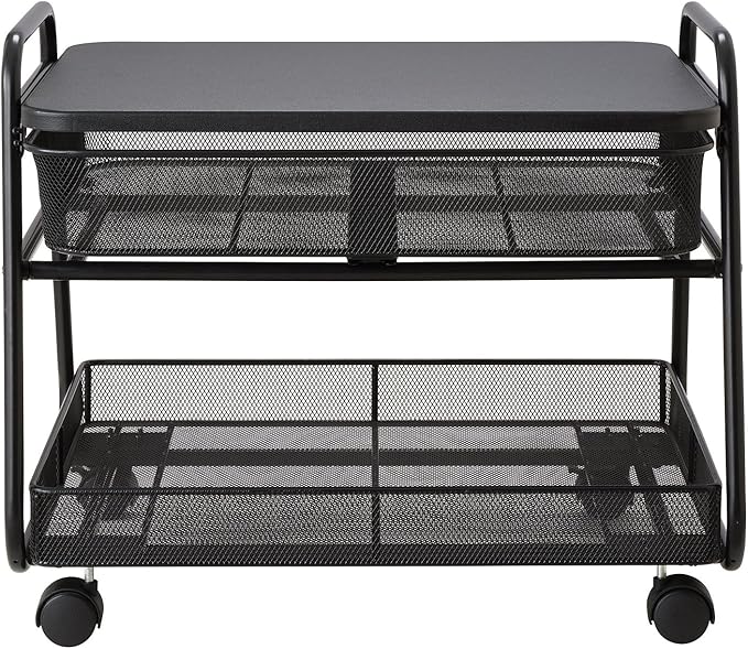 Safco 5208BL Onyx Under-Desk Rolling Machine Stand, Black, 21"W x 16"D x 17.5"H for Printer and Fax Machines With Basket and Drawer Storage. Perfect for Home, Office and Classrooms