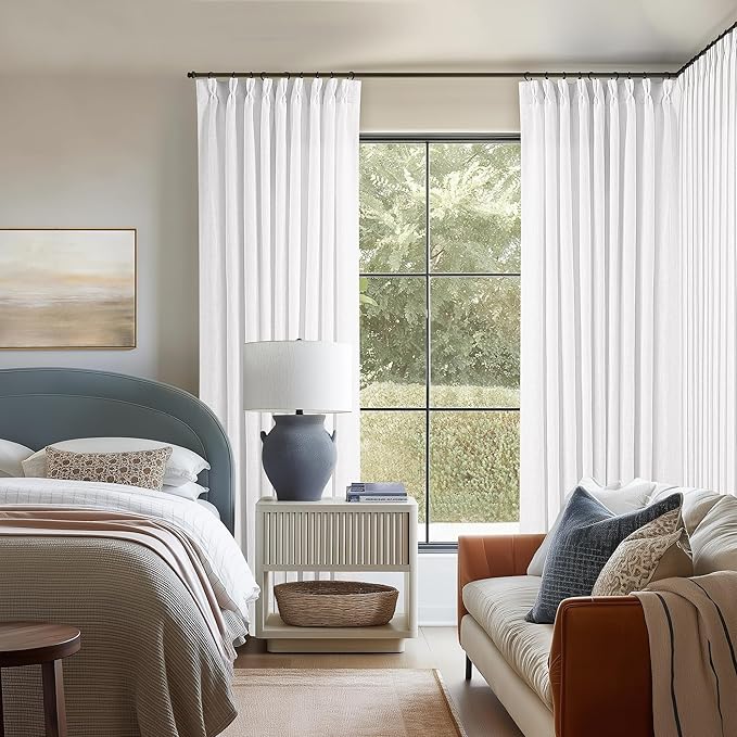 Pleated Linen Curtains 120 Inches Long 60 Inch Width Extra Wide for Living Room Bedroom White Semi Sheer 120 Inch Length Back Tab Hooks Rings Pinch Pleat Curtains for Patio Glass Door 1 Panel