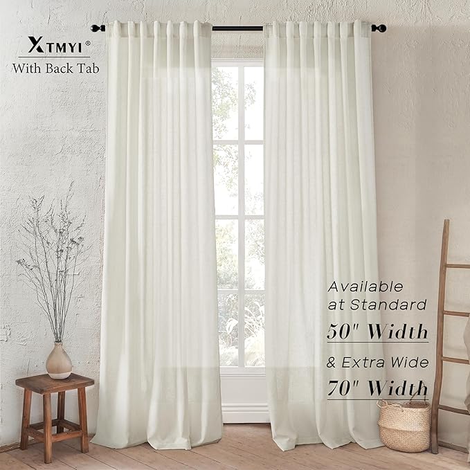 XTMYI 102 Inch Curtains 2 Panels Set Custom Length Back Tab Linen Window Sheer Privacy Thick Decorative Curtain Drapes for Living Room Bedroom,50x102 in Long,Cream(Ivory/Off White)