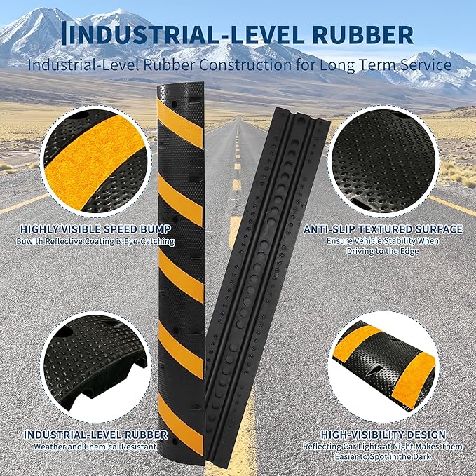 4 Pack 6FT Speed Bumps for Road, Heavy Duty 25,000 Lbs Capacity Traffic Rubber Speed Humps with 2 Channel Floor Cord Cover for Asphalt Concrete Gravel Driveway Road Cable Protector Ramp