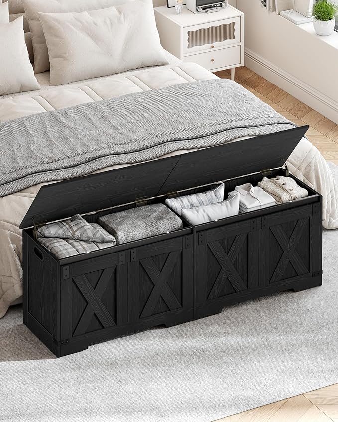 59" Storage Chest, Large Storage Trunk with 2 Hinges, Farmhouse Wooden Box Bench, Lift-Top Organizer Chest, Entryway Trunk for Bedroom, Living Room, Black SB15004X