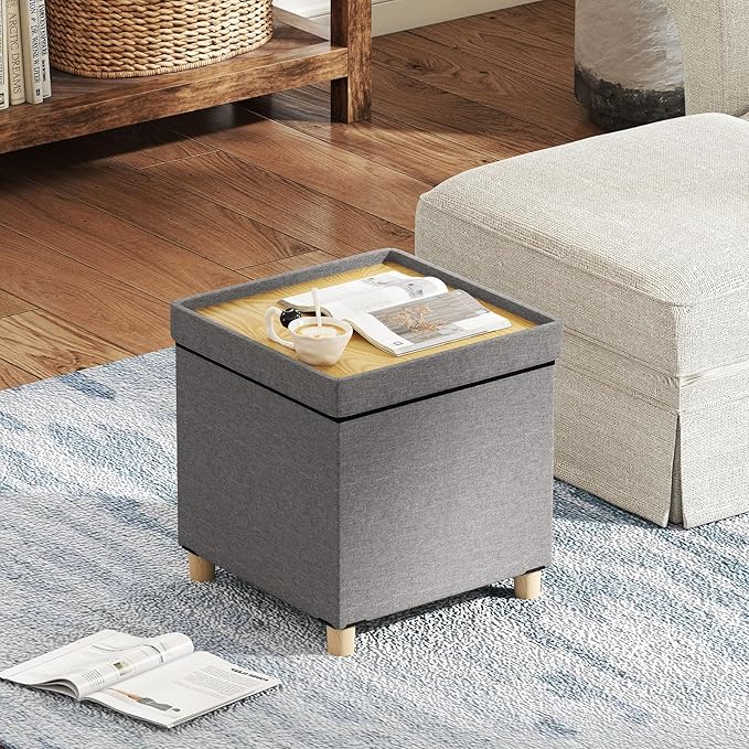 GOFLAME 18 Inches Storage Ottoman, Linen Fabric Cube Footstool with Rubber Wood Legs, Side Table with Flip Top Tray, Square Foot Rest Stool, Shoe Changing Stool for Living Room, Bedroom, Entryway