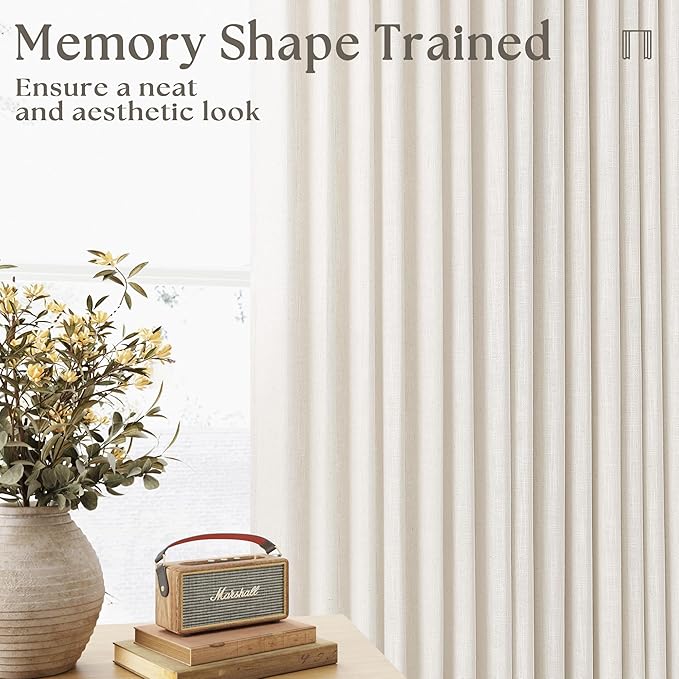 Neutral Pinch Pleated 86 Inch Curtains Semi Sheer Linen Blended Light Filtering Window Curtains 86 Inches Long for Living Room Bedroom Boho Cream Birch Pinch Pleat Drapes Rings Hooks 2 Panels Set