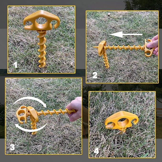 Tent Stakes Ground Anchors Screw in, 10 Pack Sand Stakes for Beach 9.4 Inch Heavy Duty Spiral Tent Pegs for Camping, Party, Hiking, Outdoor Decoration (10, Yellow)