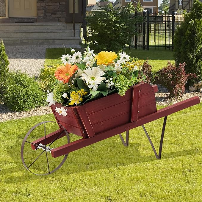 Wooden Wagon Planter, Flower Cart Display Stand w/Metal Wheels & Removable Magnetic Decoration, Wagon Decorative Garden Planter for Plants & Seasonal Displays, Pine Wood (Red)