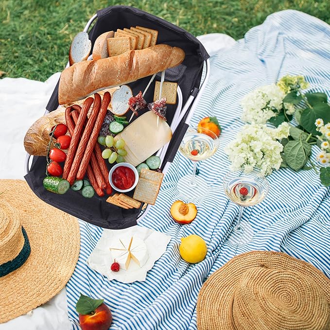 Picnic Basket, SIYUAN Collapsible Shopping Basket 24L Portable Grocery Basket with 2 Handles Reusable Folding Market Basket Leak-Proof Laundry Basket for Travel, Black