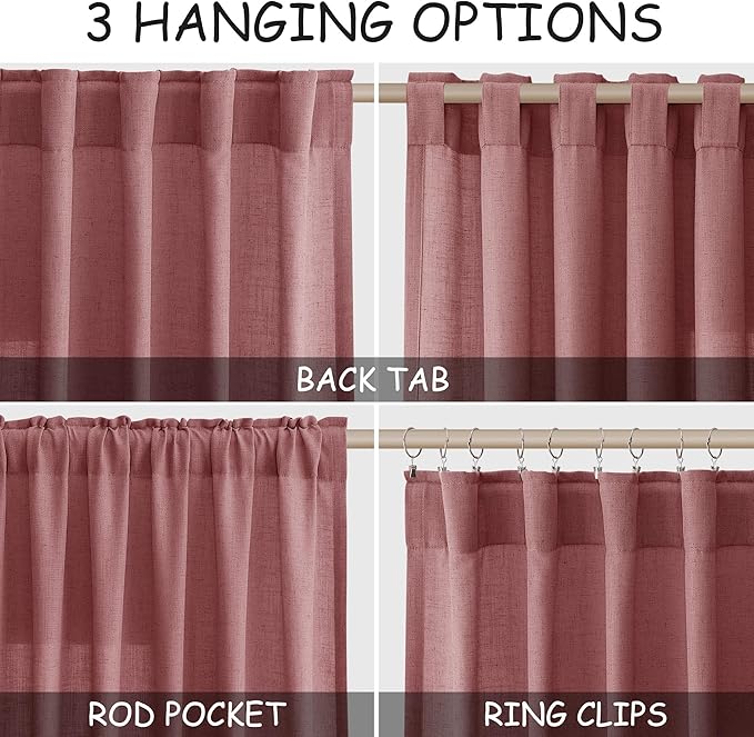 Canyon Rose Linen Curtains for Living Room 63 Inches Long 2 Panel Set Light Filtering Linen Drapes for Kitchen Windows Rod Pocket Back Tab Short See Through Curtain Country Farmhouse Decor 52x63