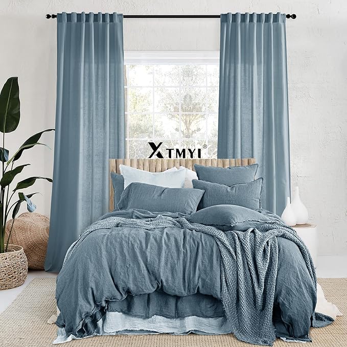 XTMYI Dusty Blue Curtains 63 Inches Long for Bedroom,Light Filtering Country Vintage Hooks Pleated Back Tab Semi Sheer Linen Curtains for Living Room 2 Panels Set,Grey Stone Blue