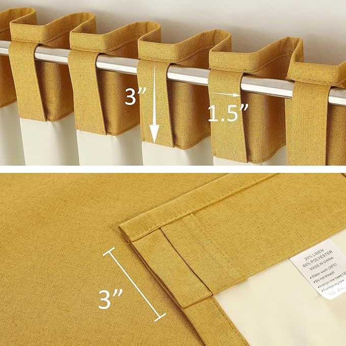 DUALIFE Full Blackout Yellow Curtains 63 Inch Long Linen Textured Curtains Thermal Insulated Heat Blocking Noise Reducing Vintage Drapes for Nursery Bedroom Rod Pocket&Back Tab 2 Panels 50W x 63L