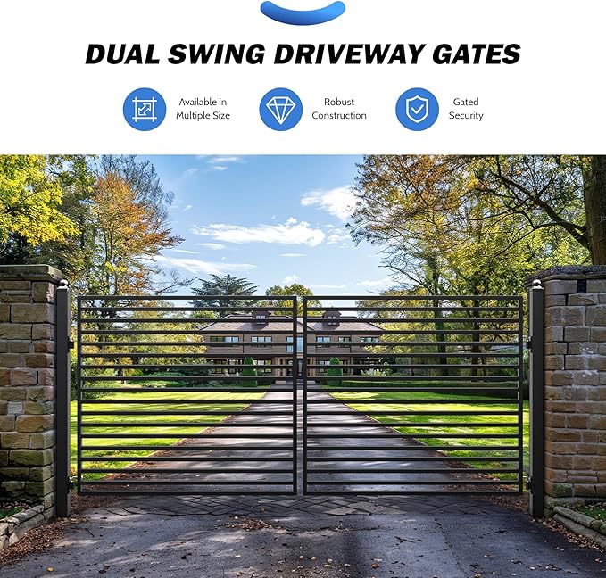 ZUMI Dual Swing Driveway Gate, 14x6 ft. Outdoor Steel Fence for Home Security, Heavy-Duty Weatherproof Iron Kit, Brooklyn Style