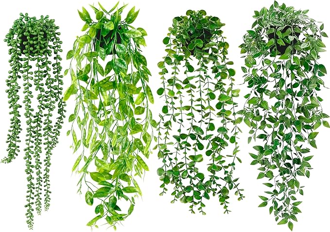 Palonu Artificial Hanging Plants for Shelf, 4 Pack Fake Potted Greenery Faux Eucalyptus Vine, Mandala Vine, String of Pearls,Pea pod Leaves in Pot for Office Living Room Bathroom Indoor Outdoor Décor