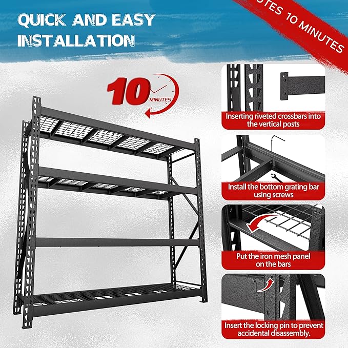 8000LBS 91 "W x 24 "D x 87 "H Storage Shelves, 4-Tier Adjustable Metal Shelving Units and Storage, Iron Industrial Shelving for Garage, Warehouse, Basement, Black