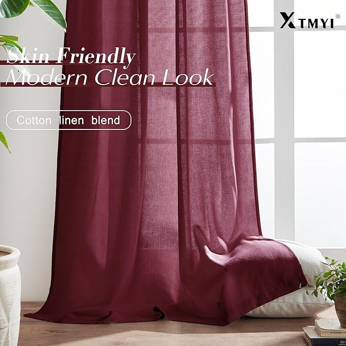 XTMYI Red Wine Curtains, 108x50 inches, Linen Look, Semi Sheer, 4 Hanging Methods, Set of 2 for Living Room, Christmas