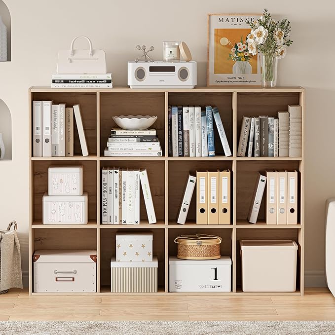 Wooden Cube Storage Organizer with Closed Back Panel, 11in Cube Shelf Opening, Bookshelf, Display Shelf,Closet Cabinet for Home and Office (White Oak, 12-Cube 35.98L*9.45W*47.72H)