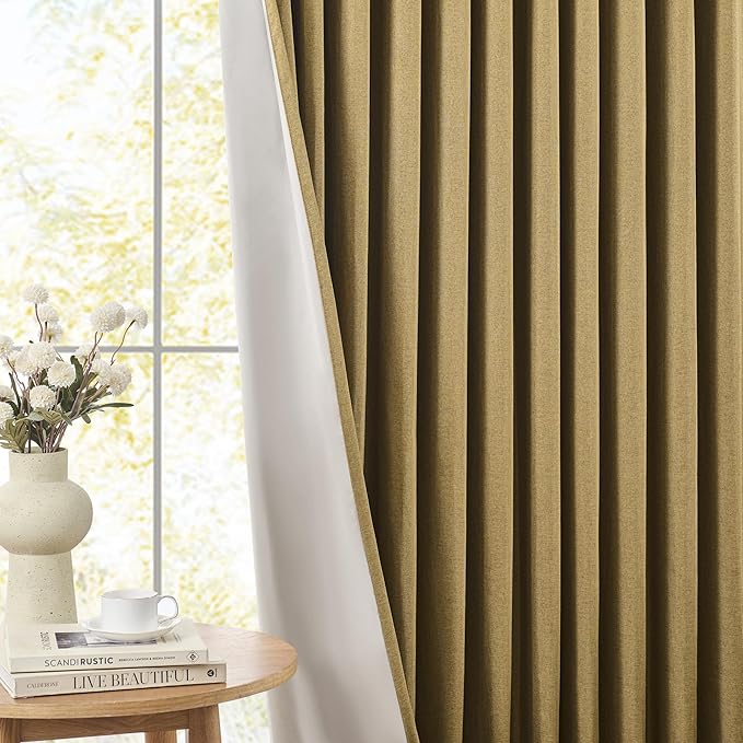 DUALIFE Gold Tan Pinch Pleated Blackout Curtains 156 Inches Long, Back Tab with Hooks, Linen Full Black Out Thermal Insulated Track Curtain for Bedroom Living Room,40 W x 156 L, 2 Panels