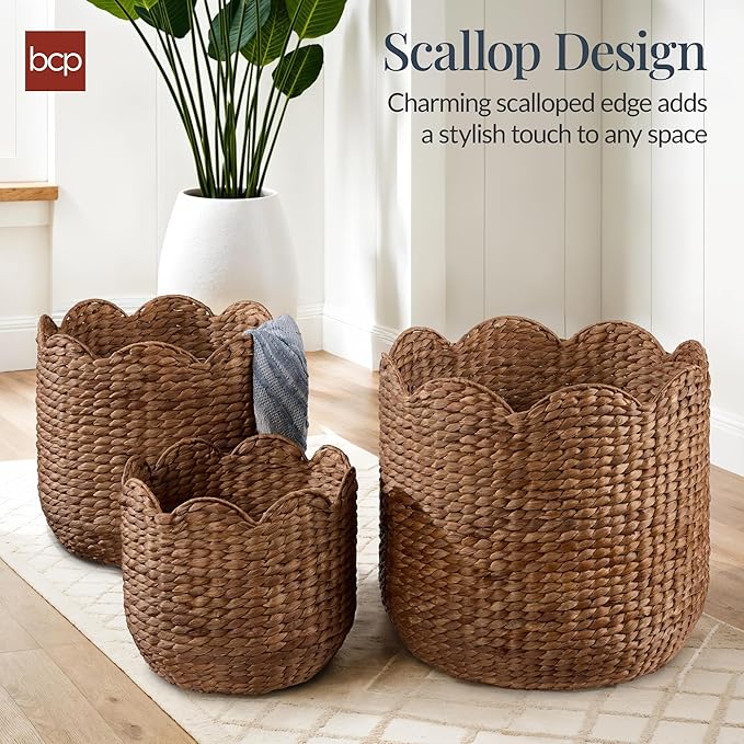Best Choice Products 3pc Water Hyacinth Scalloped Multipurpose Nesting Baskets, Storage Bin Organization Totes for Living Room, Bedroom, Nursery, Laundry Room -Chestnut
