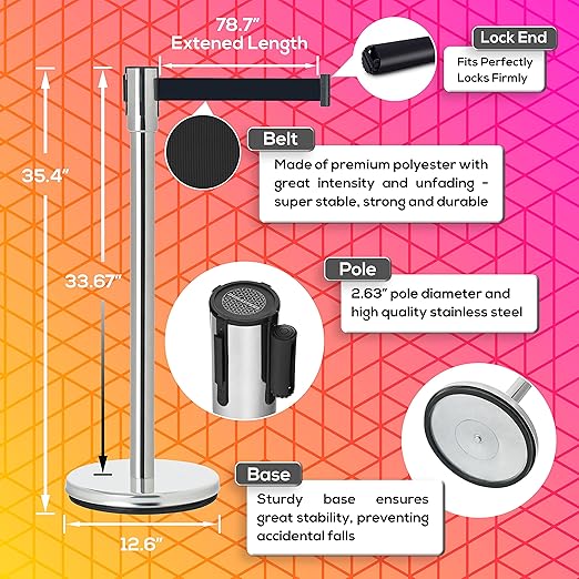 DuraSteel Crowd Control Barriers Line Dividers - Silver Stanchion Stainless Steel Posts with 6.5ft Black Retractable Belt Ropes - for Store Queues, Airport Lines, Event Entries - 2 Set/Pack