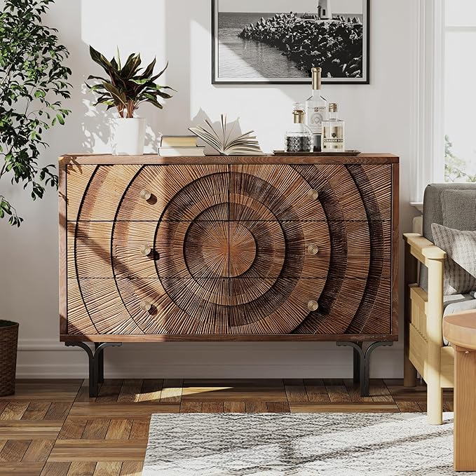 Farmhouse 6-Drawer Dresser, Accent Wooden Chest of Drawers with Circle Pattern and Radioactive Wood Lines,Accent Storage Dresser for Living Room, Bedroom, Brown