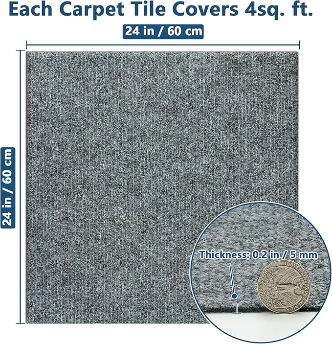 Carpet Tiles Peel and Stick 24” x 24”, Self Adhesive Soft Padded Flooring Stickers, Light Gray Home Decor for Bedroom Living Room Office, 10 Tiles & 40 sq ft per Box