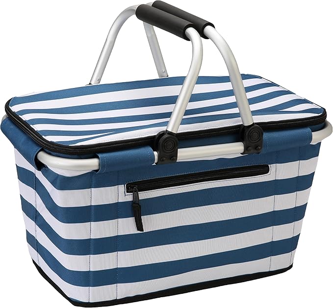 SIYUAN Picnic Basket with Handles 30L Large Stripped Insulated Cooler Leakproof Grocery Shopping Market Tote for Family Blue White