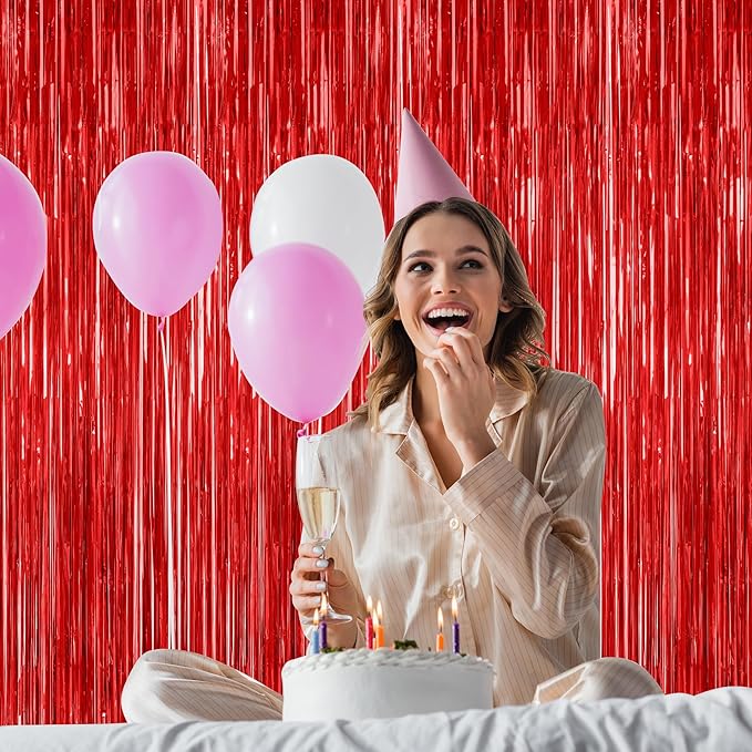 4 Pack Red Backdrop, 3.28 FT x 7.05 FT Party Streamer, Valentines Day Metallic Birthday Tinsel Backdrop Foil Fringe Curtains, Door Streamer for Red Party Decorations Casino Decor Photo Booth Props