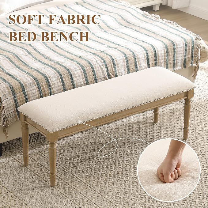 46'' French Country Entryway Bench Wooden Linen Fabric Upholstered Seat Dinng Bench with Nailhead Trim for Hallway End of Bed, Beige