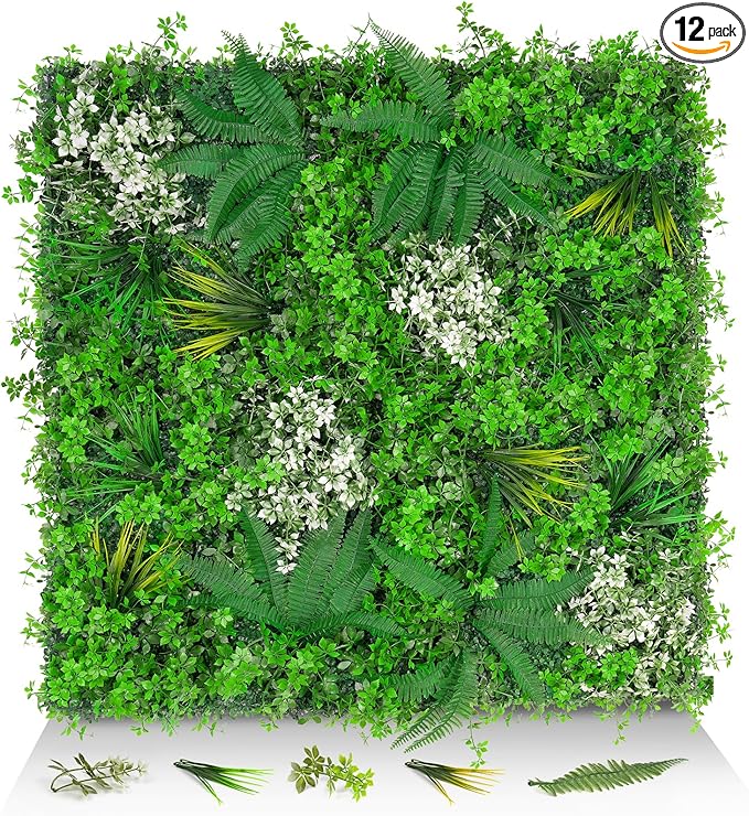 20"x20" Grass Wall Panels, 12PCS Artificial Greenery Backdrop Wall with UV Resistant Leaves, Faux Green Wall Decor for Outdoor Indoor Patio Garden Backyard