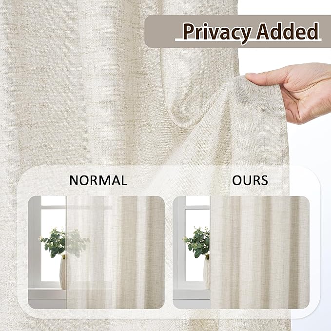 Natural Cream Curtains 100 Inches Long, Elegant Pleated Viral Linen Curtain for Living Room, Boho Natural Ivory Semi Sheer Drapes for Bedroom 50x100 Back Tab with Hooks