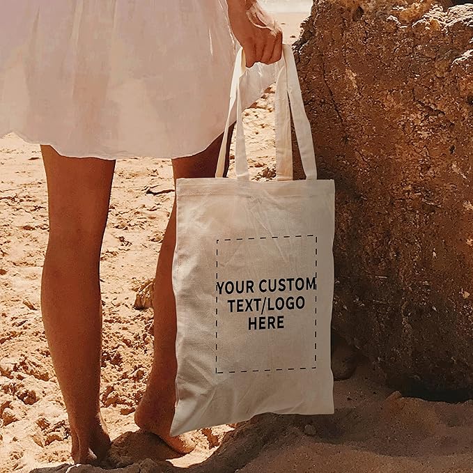 DISCOUNT PROMOS Custom Cotton Canvas Tote Bags Set of 50, Personalized Bulk Pack - Reusable, Great for Shopping, Grocery, Beach, Picnic, Wedding Favors - Natural