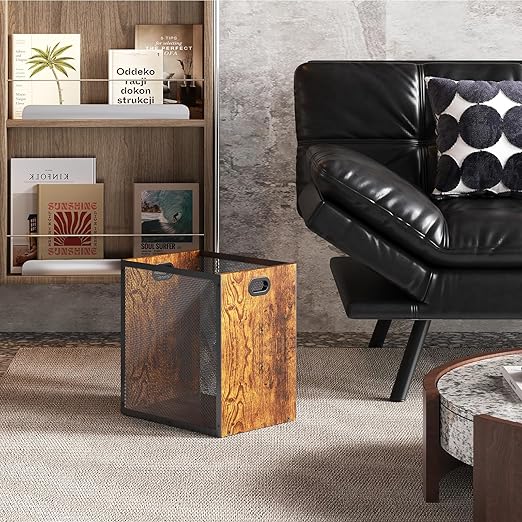 Retro Office Trash Can, Iron and Wood Combination Bedroom Garbage Can, Rectangular Design Wastebasket with Handle, Industrial Style Trash Can for Home Office, 4.5 Gallon (Patent Pending)