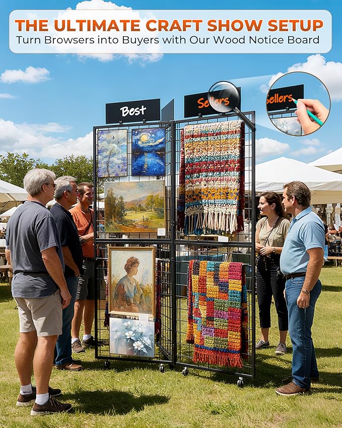 360° Foldable Grid Wall Panel, Three 6' x 4.25' Ft Double Side Gridwall Display Stand with Notice board, Heavy Duty Sturdy Floorstanding Wire Grid Rack, Movable Wheel for Retail Art Craft Fairs