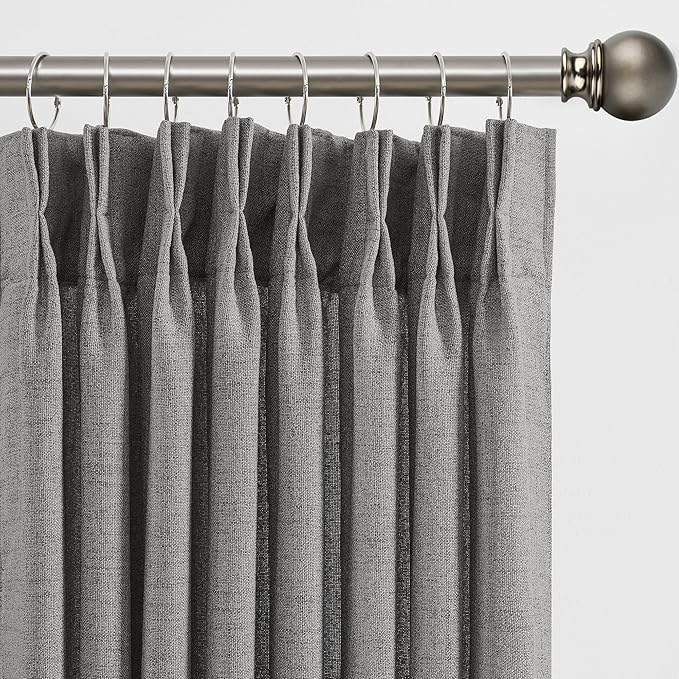 Grey Pinch Pleated Curtains 90 Inches Long 2 Panels, Soft Linen Textured Window Drapes for Bedroom Living Room Semi Sheer Light Filtering Back Tab with Hooks 70x90