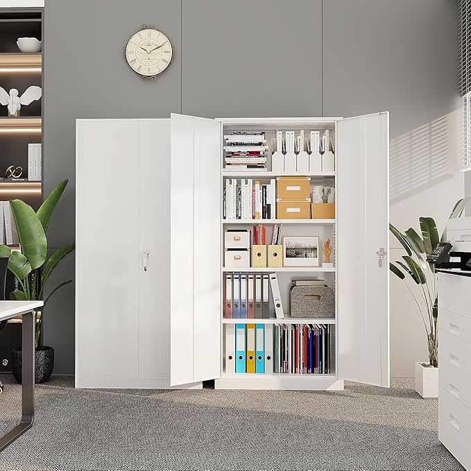 Superday Metal Storage Cabinet with Lock, 72" H Garage Storage Cabinet with Doors and 4 Adjustable Shelves, White Steel Locking Cabinets for Office, Home, Garage, Gym, School