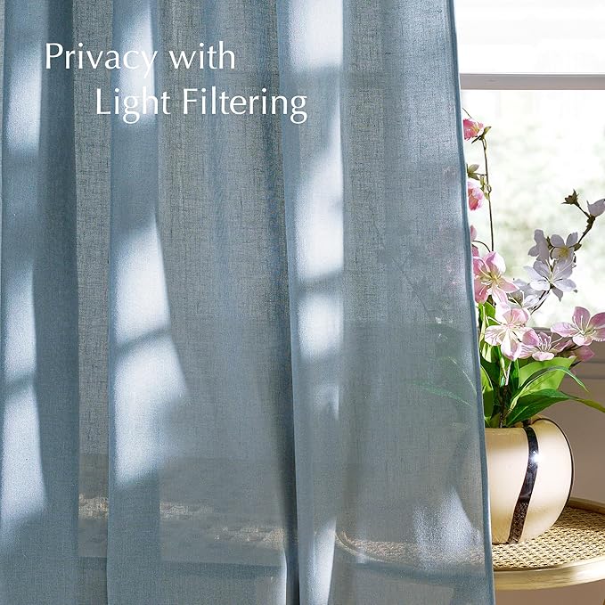 NICETOWN Semi Sheer Linen Stone Blue Farmhouse Curtains, Back Tab/Rod Pocket with Pleat Tape Privacy Added with Light Filtering Window Treatments for Bedroom, W52 x L95, 2 Panels
