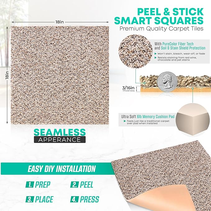 Feather Peel and Stick Carpet Tiles, Attached Cushion, Easy DIY Install, Soft Residential Carpet, American Made, Seamless Appearance, Plush (10 Tiles - 22.5 Square Feet) (Soar, 18x18)