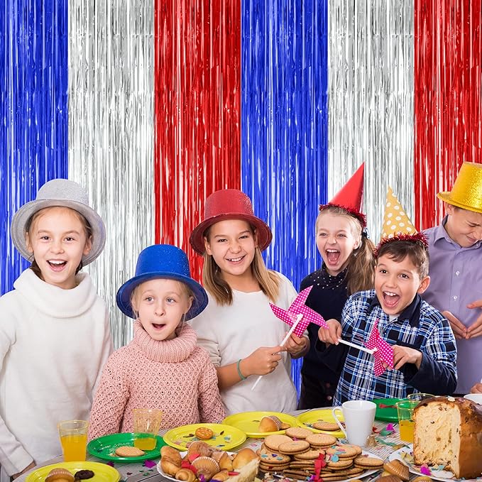 4 Pack 4th of July Decorations, 3.28 FT x 7.05 FT Independence Photo Backdrop, Metallic Blue Silver Red Backdrop Curtains Fringe Curtains Party Streamer, Patriotic Decor Fourth of July Party Supplies