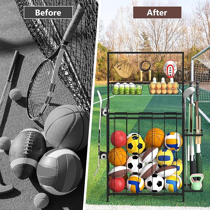 HEOMU Sports Equipment Organizer, Ball Organizer with Elastic Rope and Side Rack, Garage Ball Storage with 5 Hooks and 2 Baskets, Basketball Rack for Garage, Gym, Indoor or Outdoor, Black