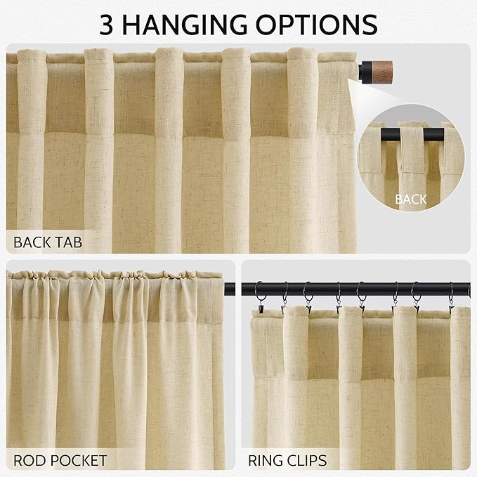 Nanspring Cream Yellow Curtains 96 Inch Length 2 Panels Set for Living Room Linen Light Filtering Modern Farmhouse Curtain Back Tab and Rod Pocket Privacy Sheer Drapes for Bedroom Office 52x96