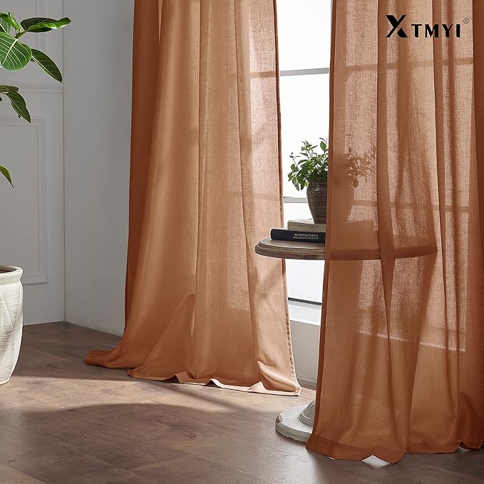 XTMYI Terracotta Vintage Boho Curtains, Rust Colored Linen Sheer Rustic Farmhouse Western Curtains for Bedroom Living Room Home Decor, 84 Inches Long, 2 Panels Set