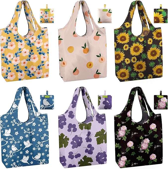 BeeGreen Flower Reusable Shopping Bags Cute Grocery Bag 6 Pack, Christmas Gift Bags Heavy-Duty Foldable Shopping Totes for Supermarket, Work & Travel, Large Washable Polyester Tote Bag with Handles