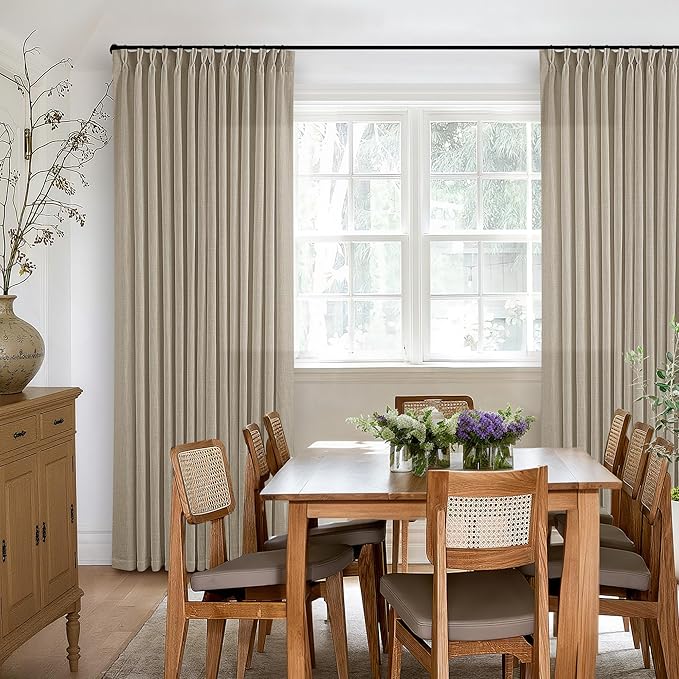 Grey Beige Pinch Pleated Linen Curtains 92 Inches Long 2 Panels for Living Room Bedroom Memory Training Shaped Semi Sheer Pleat Drapes with Hooks Rings Light Filtering Window Curtain 40x92